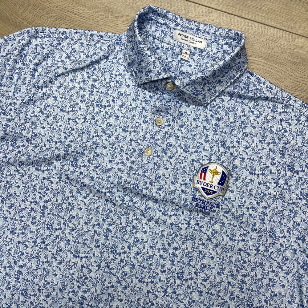 Peter Millar Polo Mens XL Blue Ryder Cup 2025 Bethpage Black Geometric AOP